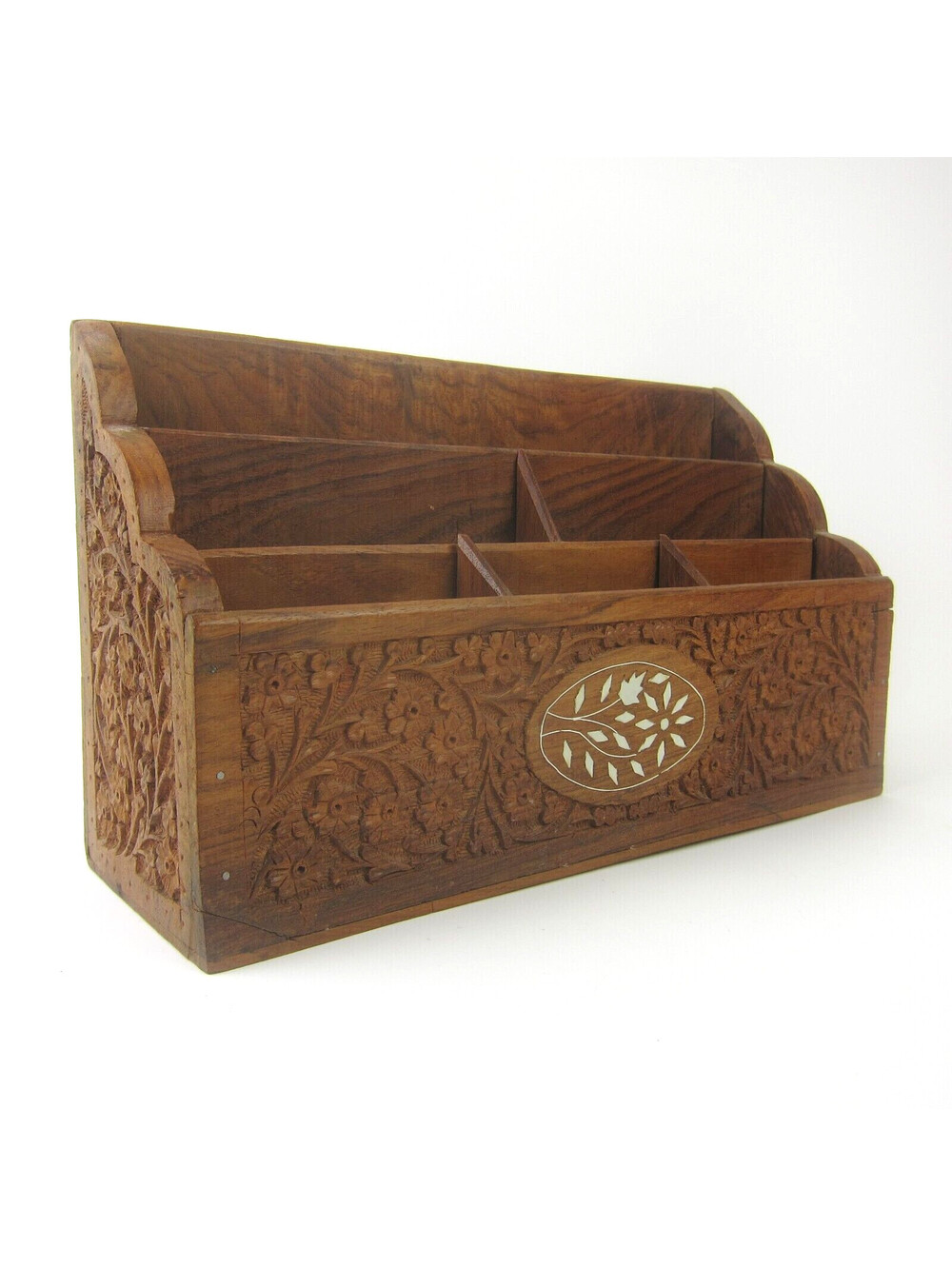 Vintage Carved Wood Letter Holder Stationery Rack Desk Organizer w/ Shell Inlay